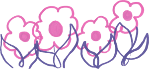 A group of four hand pink and purple hand illustrated flowers